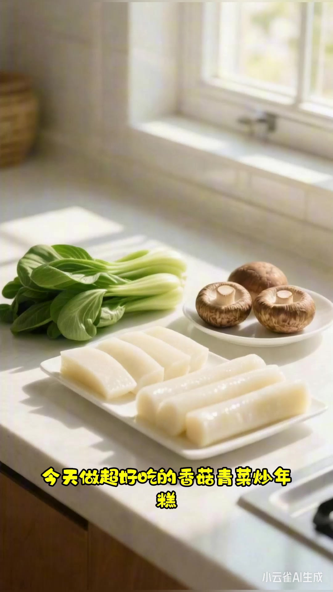 香菇青菜炒年糕:从年糕焯水到翻炒,软糯香甜超解馋