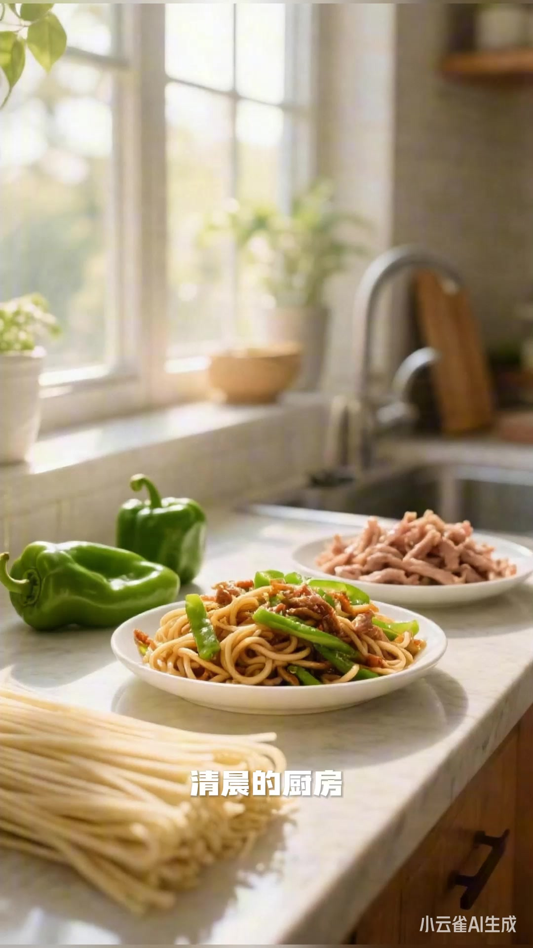 青椒肉丝炒面，肉丝香嫩，咸香入味超美味