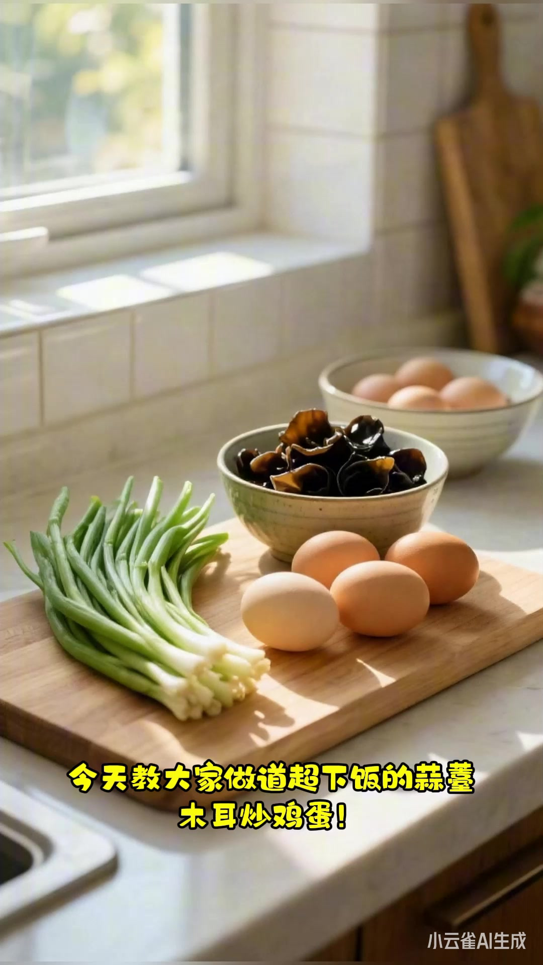 蒜薹木耳炒鸡蛋，蒜薹脆嫩，鲜香入味超美味