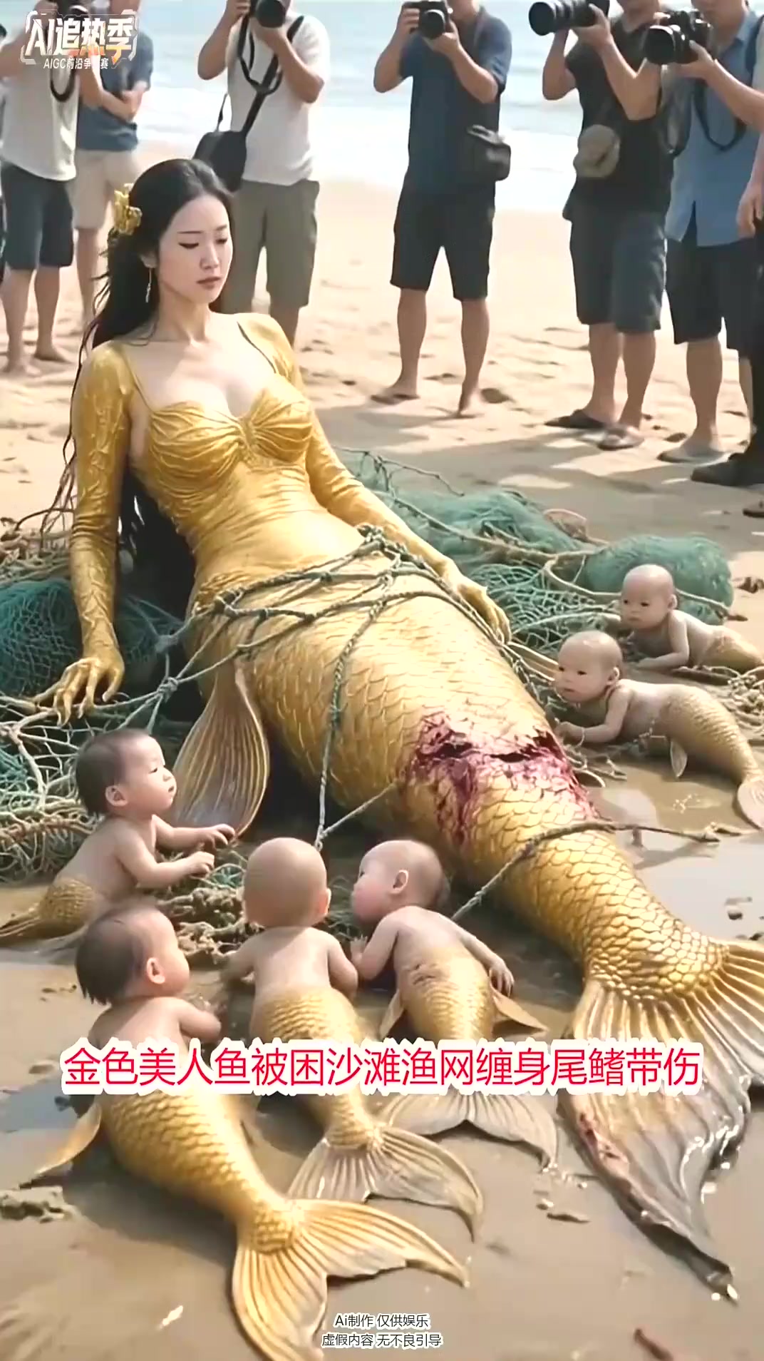 金色美人鱼被困渔网太惨了!