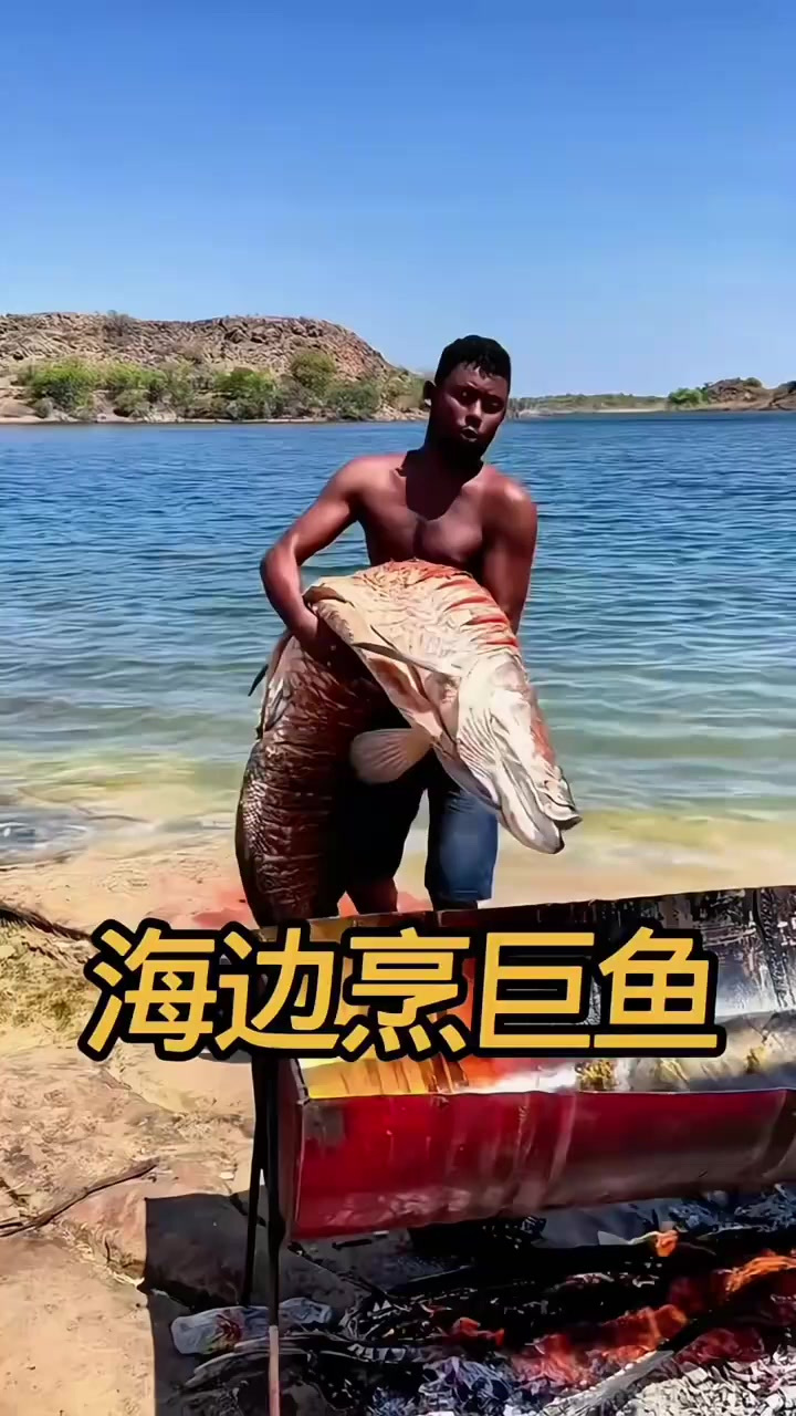 男子海边捕捉大鱼