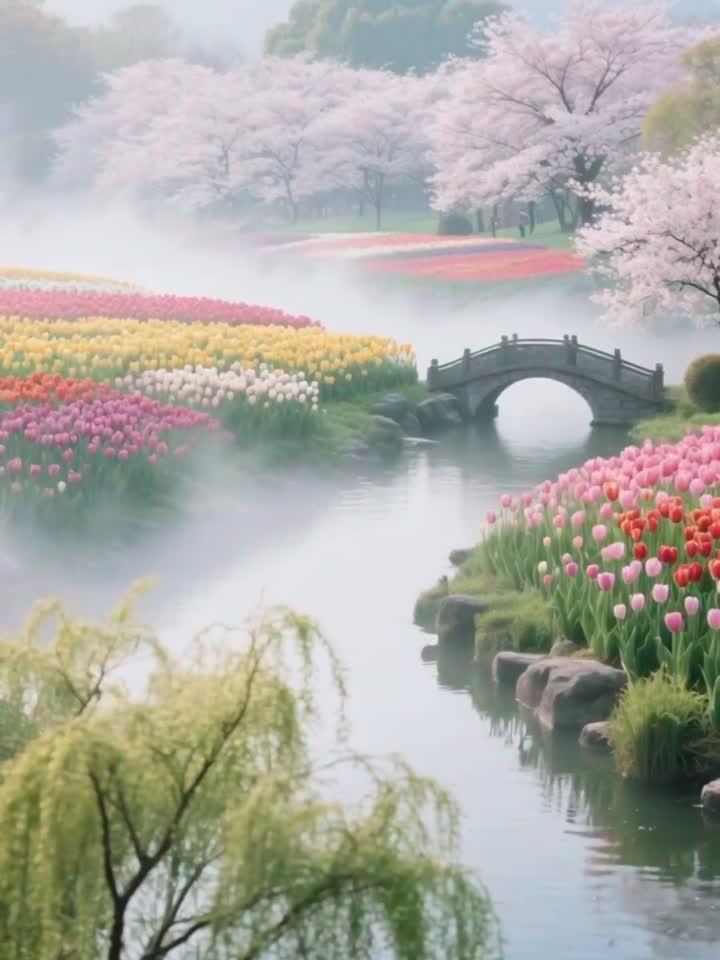 杭州太子湾公园，郁金香和樱花同框！现实版莫奈花园