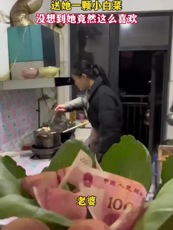 回到家媳妇就没闲过，乡下又买不到花，就从菜地里摘了一颗小白菜