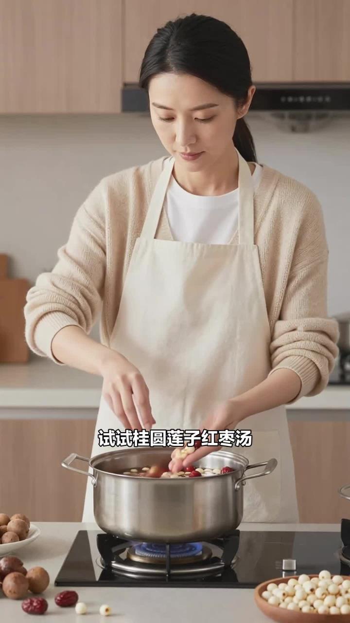 桂圆 + 莲子 + 红枣，煲汤清甜，补心安神助睡眠
