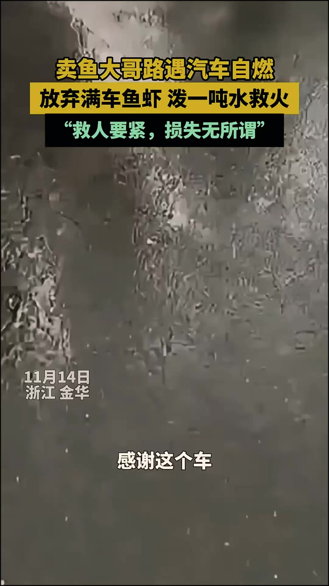 卖鱼大哥路遇汽车自燃,放弃满车鱼虾,泼一吨水救火,救人要紧