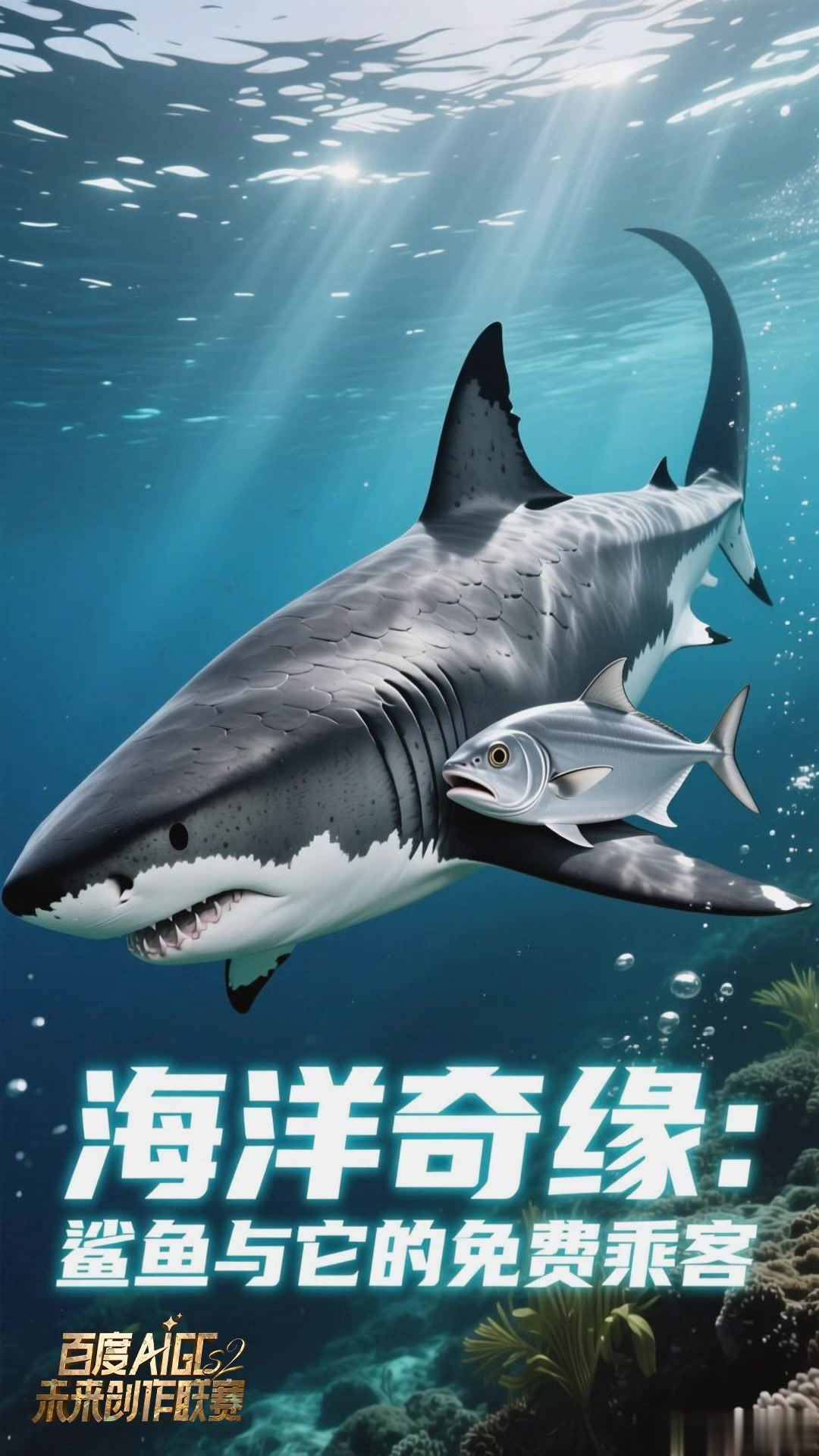 鮣鱼用吸盘吸附在鲨鱼身上，形成奇妙的共生关系