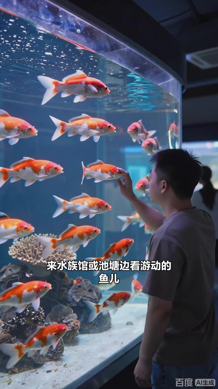 观鱼游动眼随转，灵活眼球缓解疲劳，水族馆或池塘边
