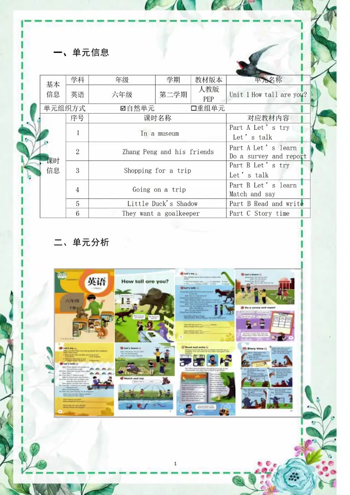 人教版小学英语六年级单元作业设计 小学英语