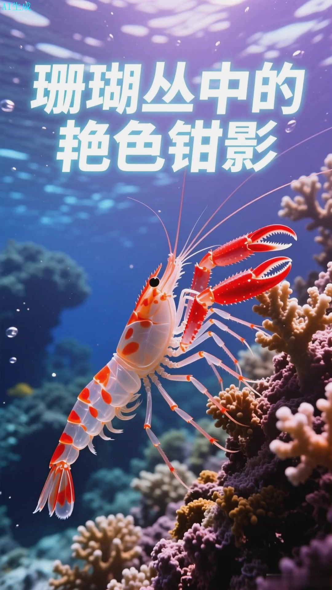 美人虾攀珊瑚,螯钳勾住珊瑚的艳色