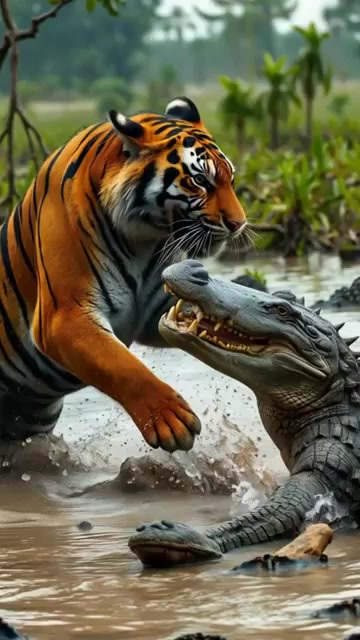 泥水大战！老虎按住鳄鱼头，巨鳄甩头反击，结局出人意料！