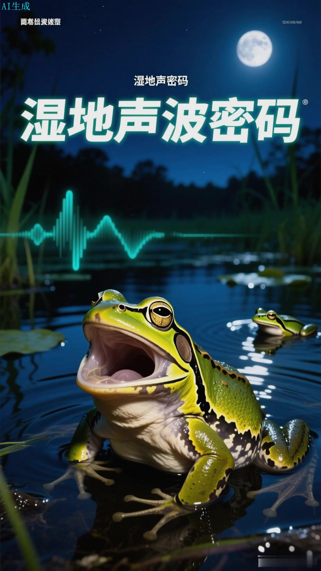 牛蛙在北美湿地的浅水区发出洪亮的求偶鸣叫声