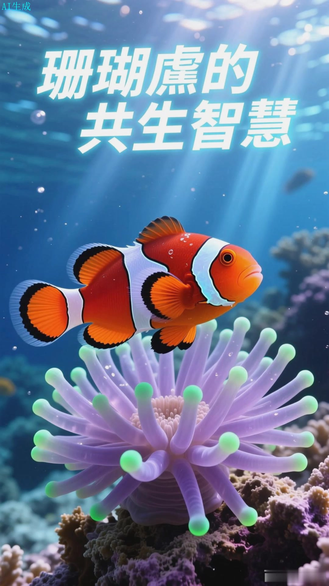 珊瑚礁间小丑鱼穿梭于海葵的触手迷宫