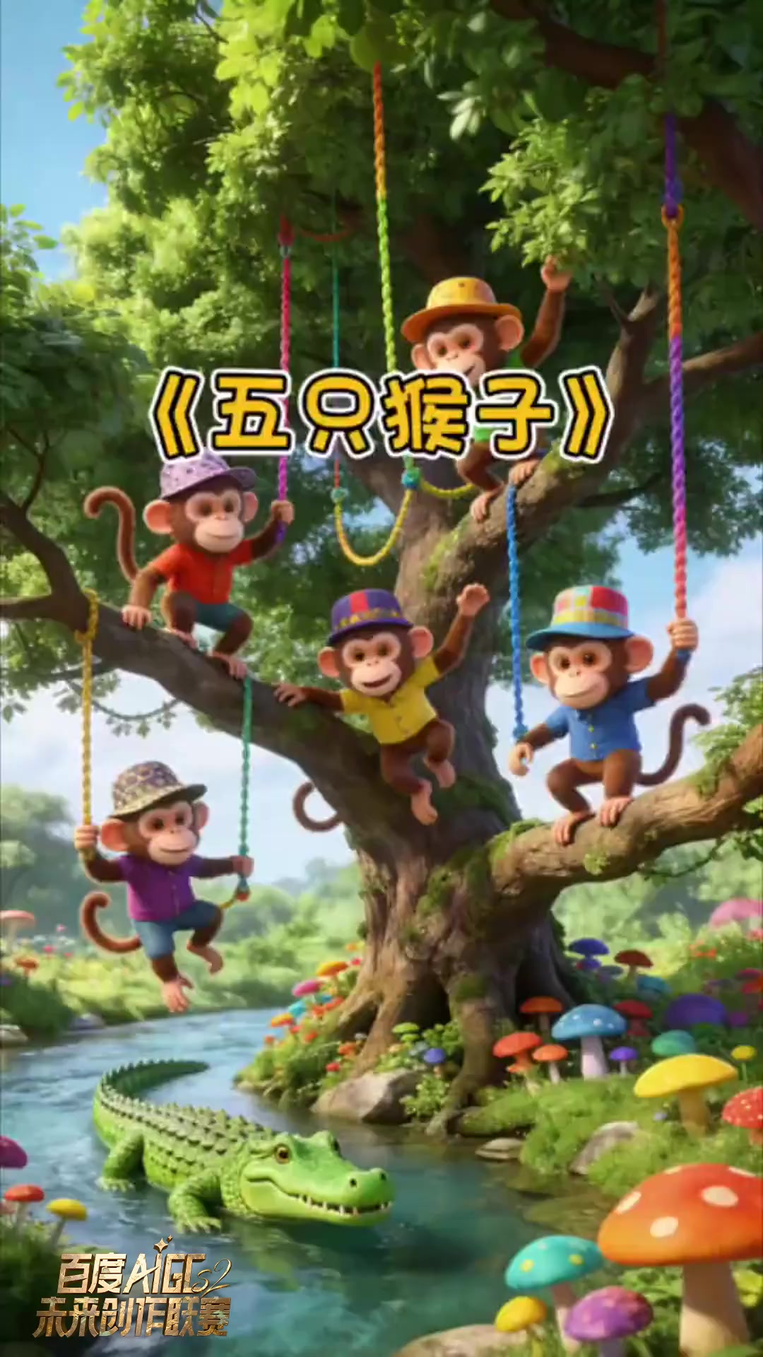 《五只猴子》五只猴子荡秋千～嘲笑鳄鱼被水淹～鳄鱼来了～鳄鱼来