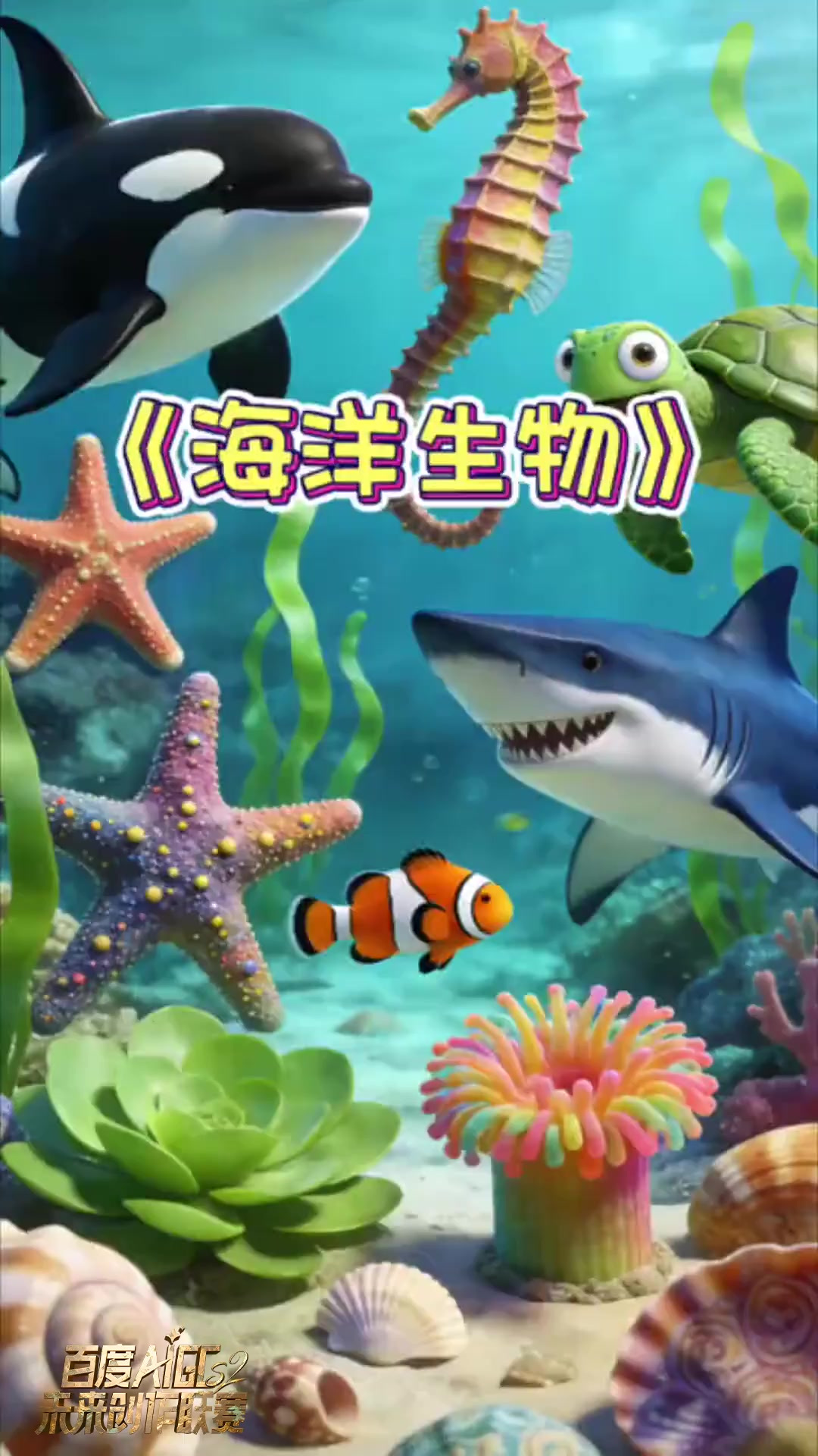 《海洋生物》认识海洋生物～虎鲸～海豚～鲨鱼～海龟～麒麟鱼