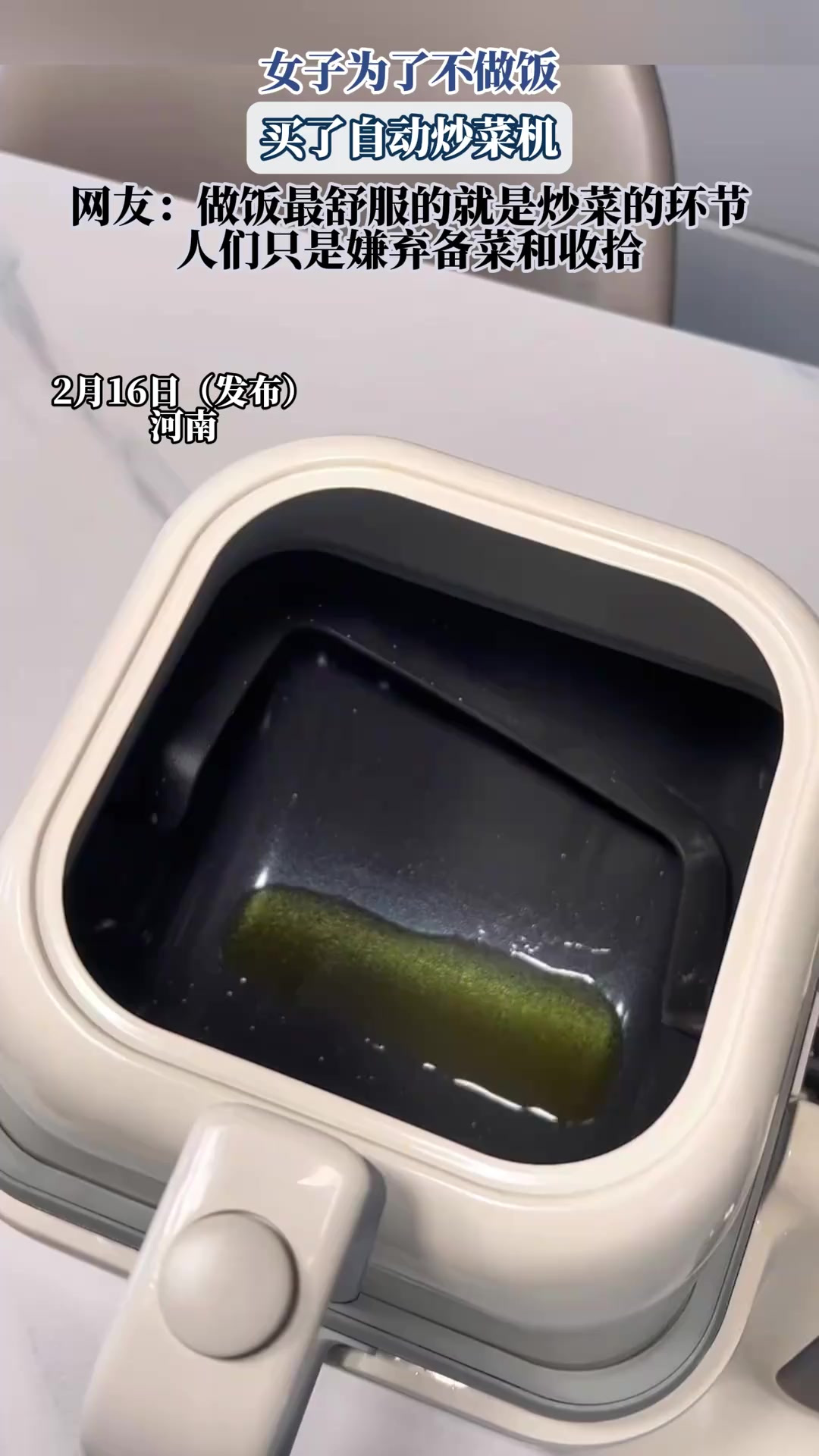 女子为了不做饭,买了自动炒菜机,网友:做饭最舒服的就是炒菜的环节,人们只是嫌弃备菜和收拾!