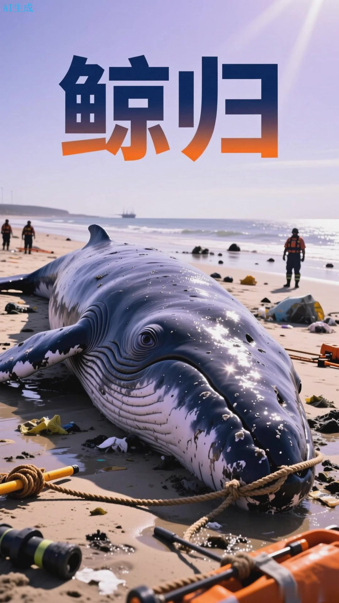 鲸鱼搁浅海滩：海洋巨兽的无助时刻