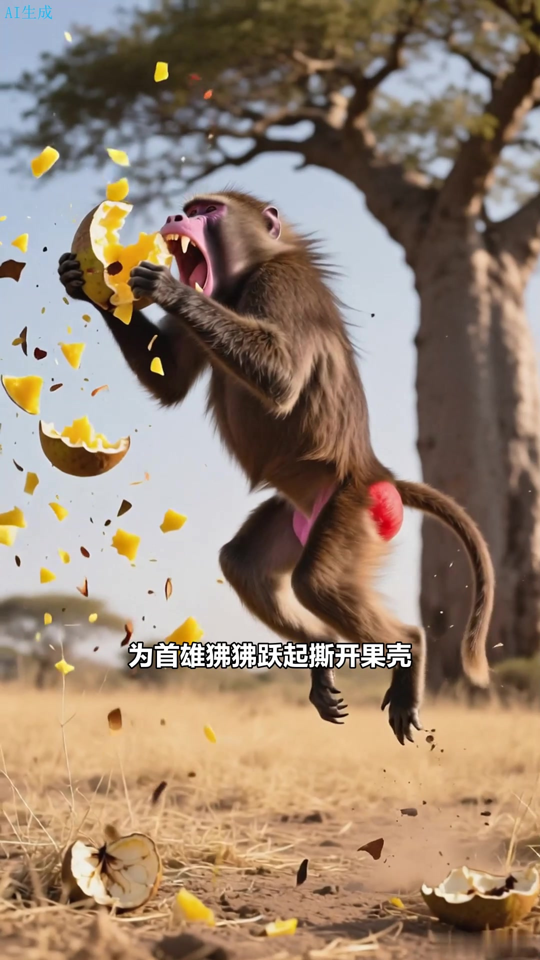 东非稀树草原的狒狒群抢食猴面包树果实