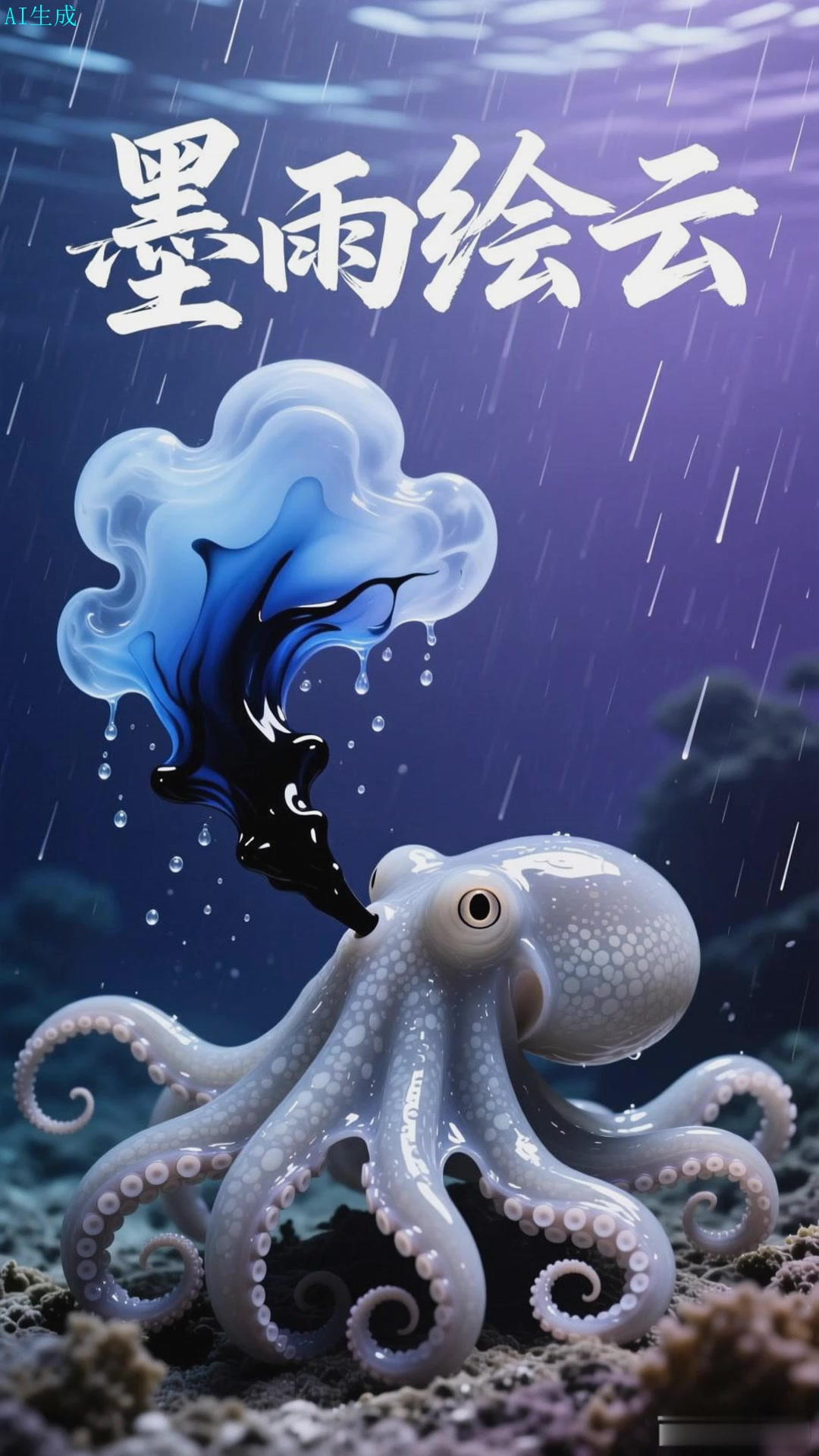 小章鱼吐出墨汁画云,在深海里为自己下一场小雨