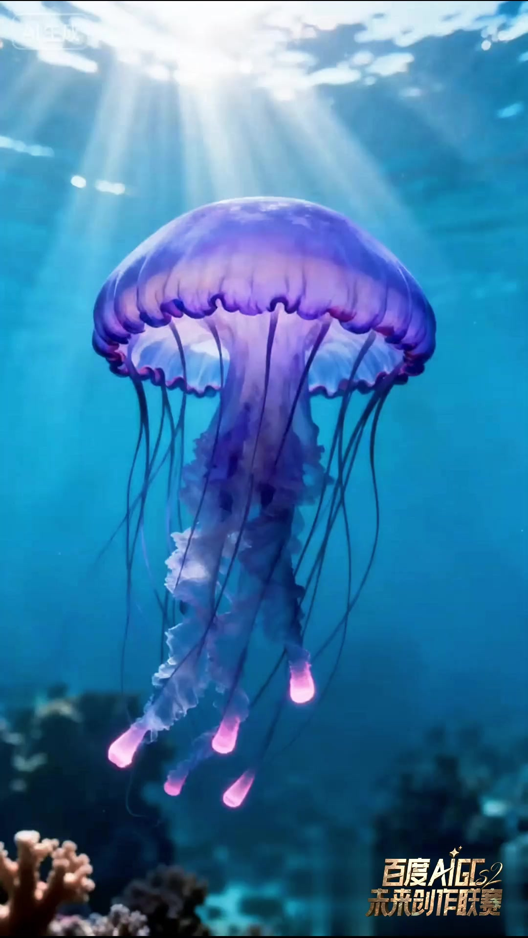 会发光的紫色水母和彩虹鱼在海底玩捉迷藏