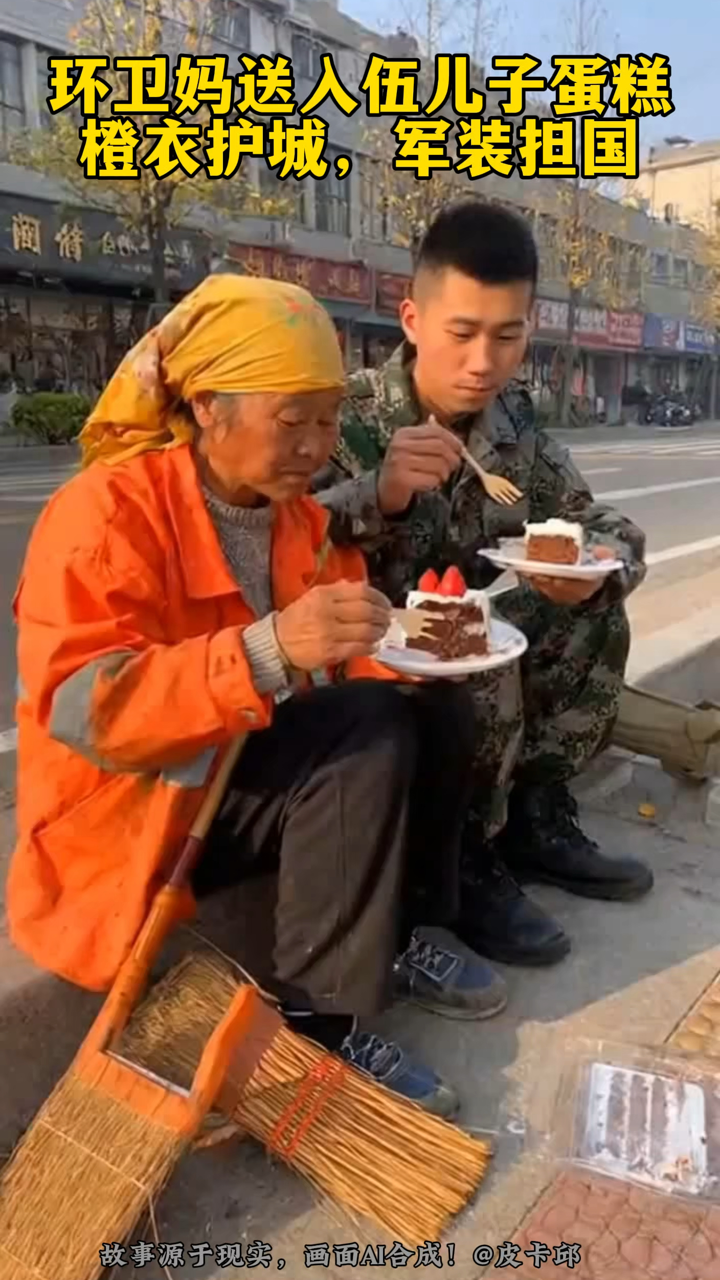 环卫妈送入伍儿子蛋糕，橙衣护城，军装担国。