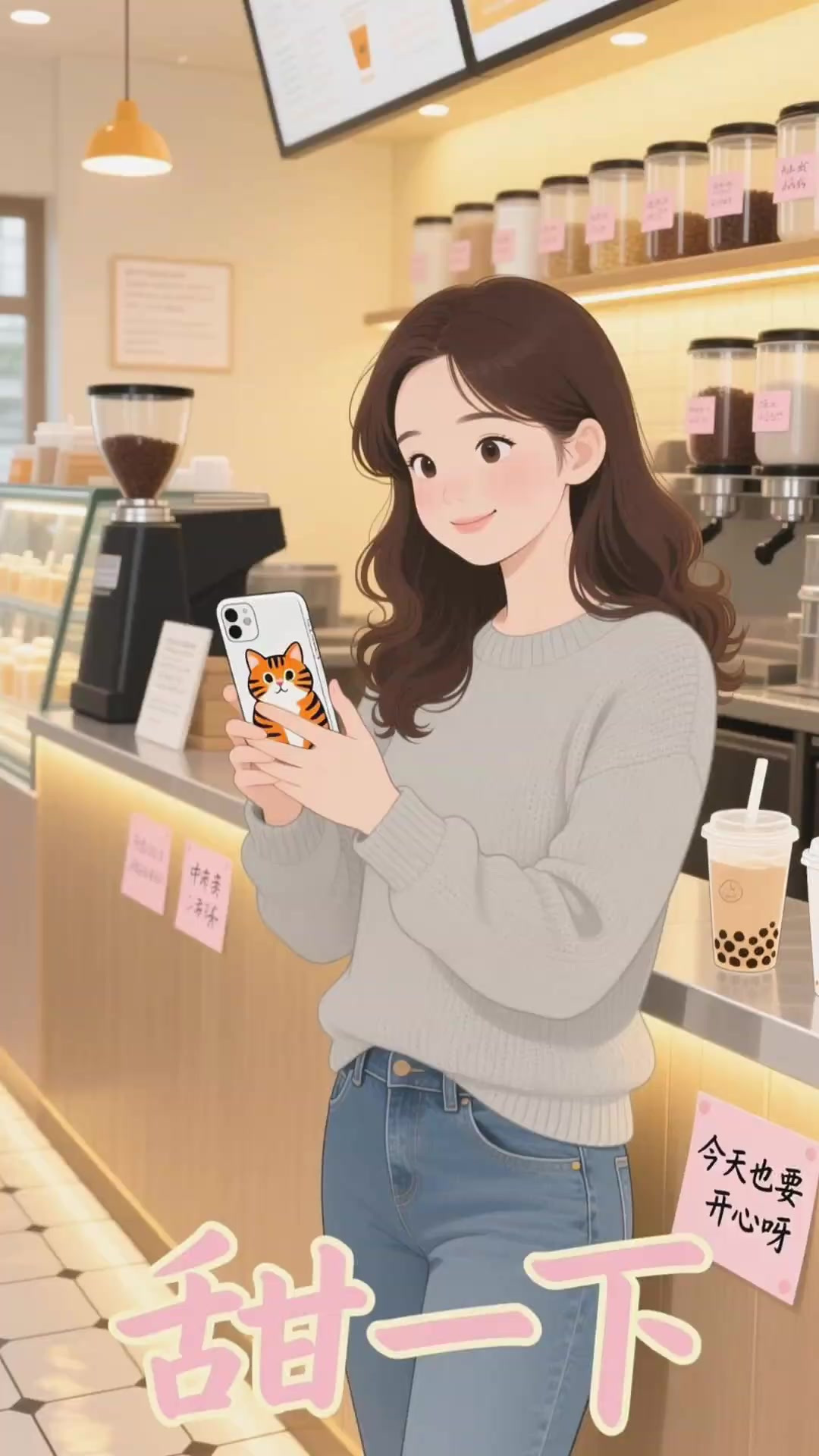 城市奶茶店场景短视频,主体为穿工服、摇奶茶的店员与等取餐的顾