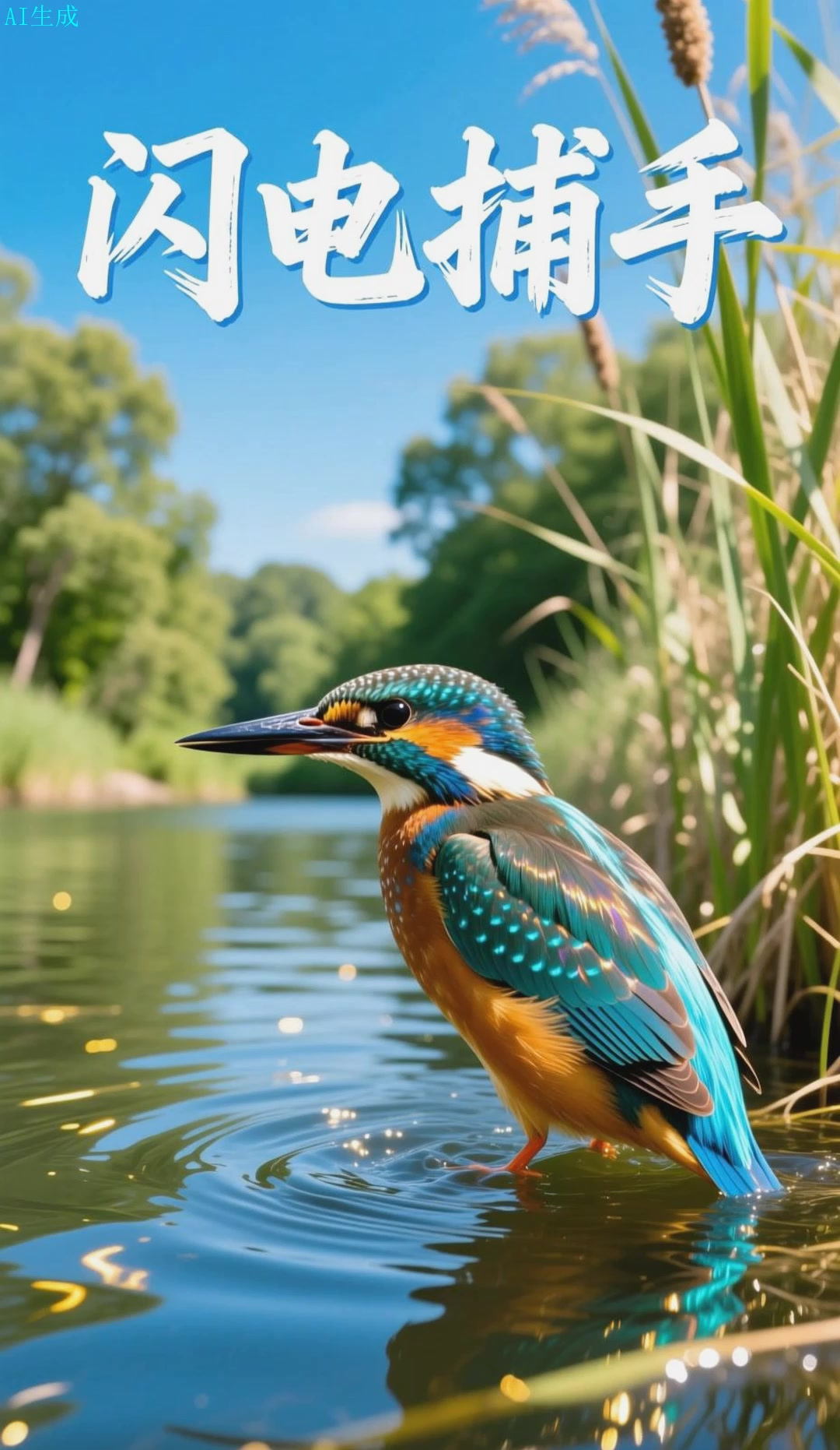 翠鸟捕鱼，夏日河景