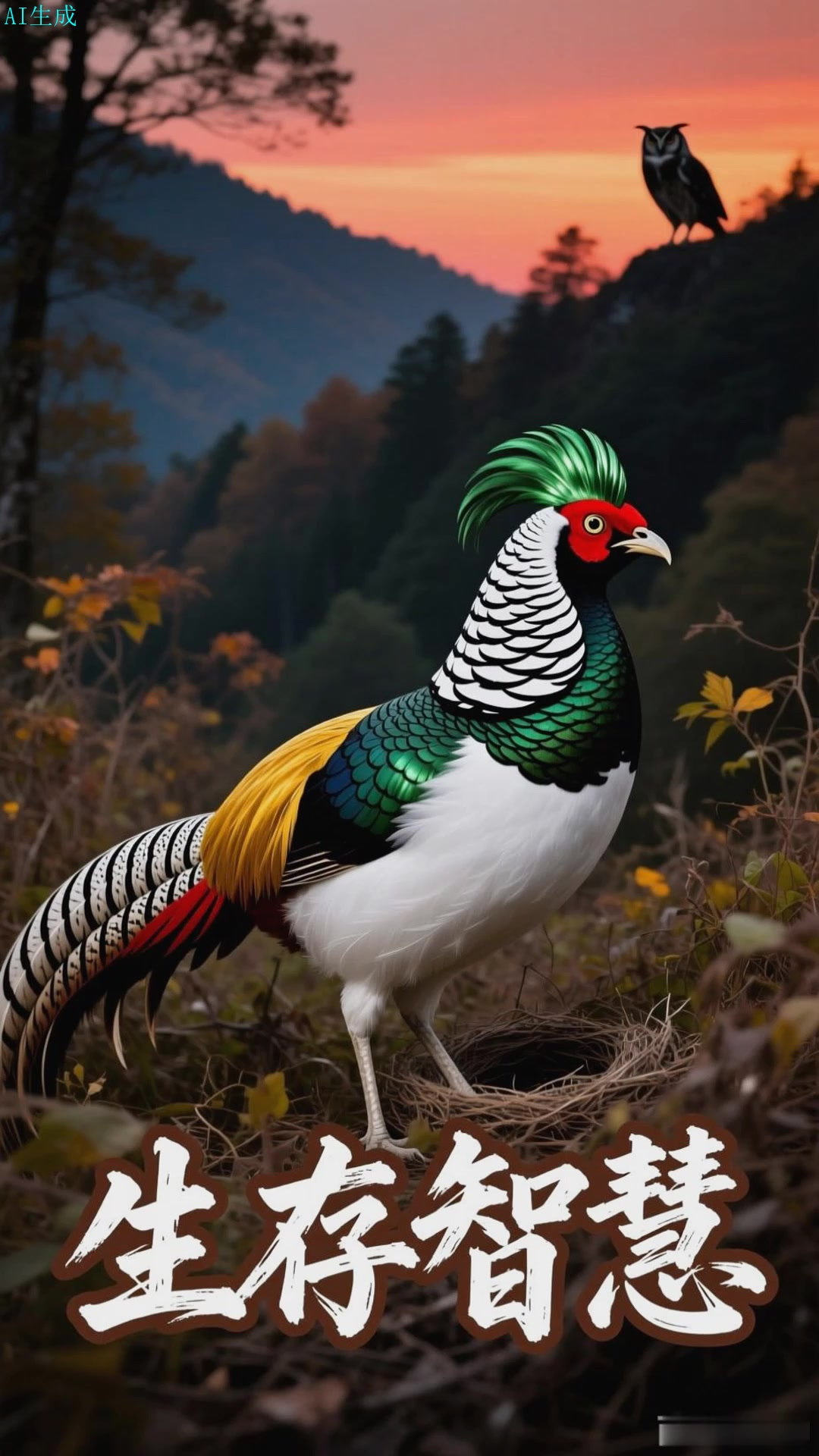 白腹锦鸡在黄昏归巢,灌丛隐蔽处,躲避夜间天敌