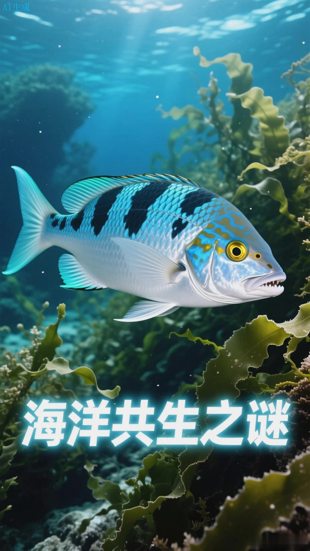 青斑鱼绕藻，鱼鳍拂过海藻的轻晃