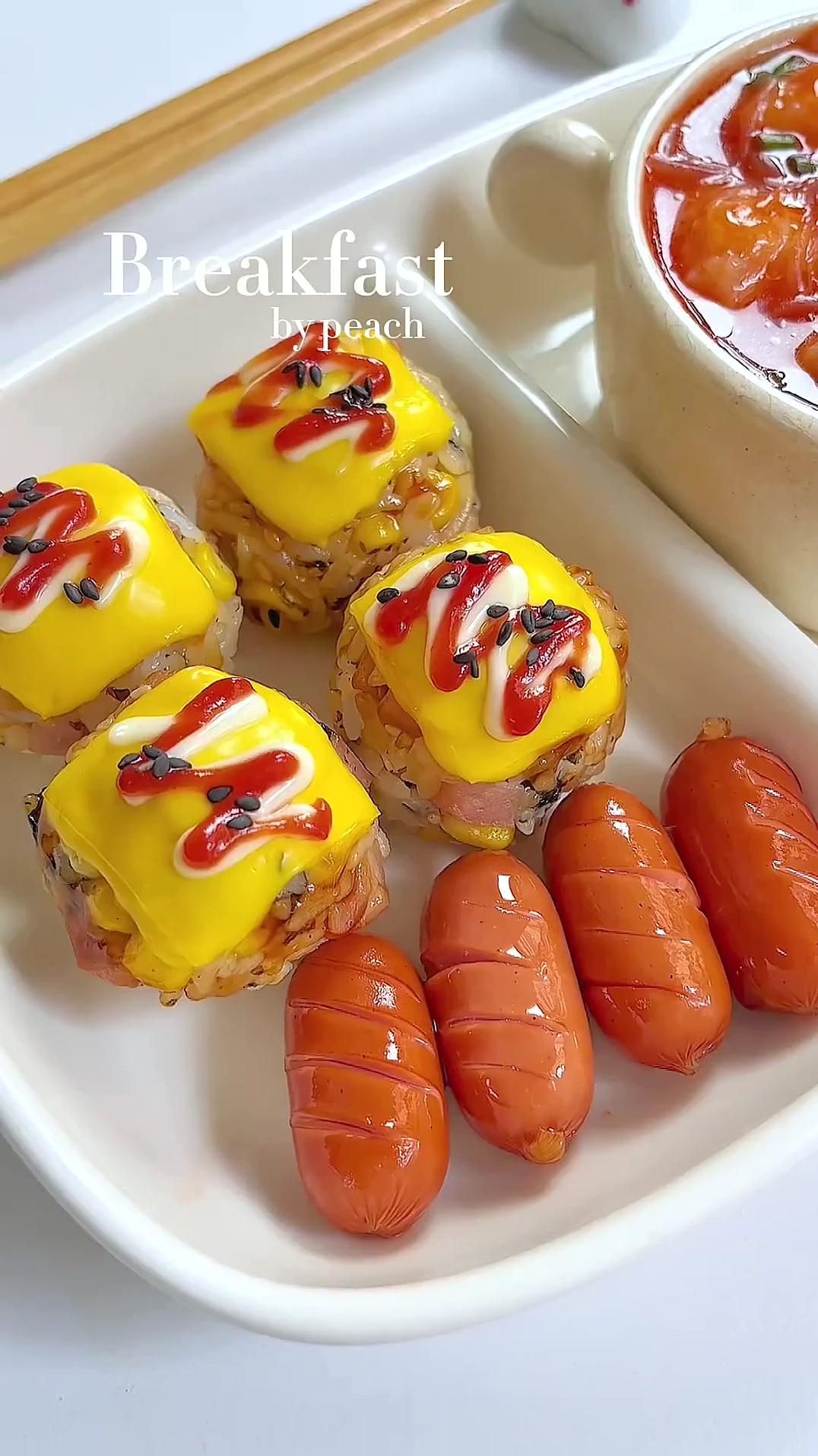 中国胃中式早餐_芝士烤饭团+番茄虾滑粉丝