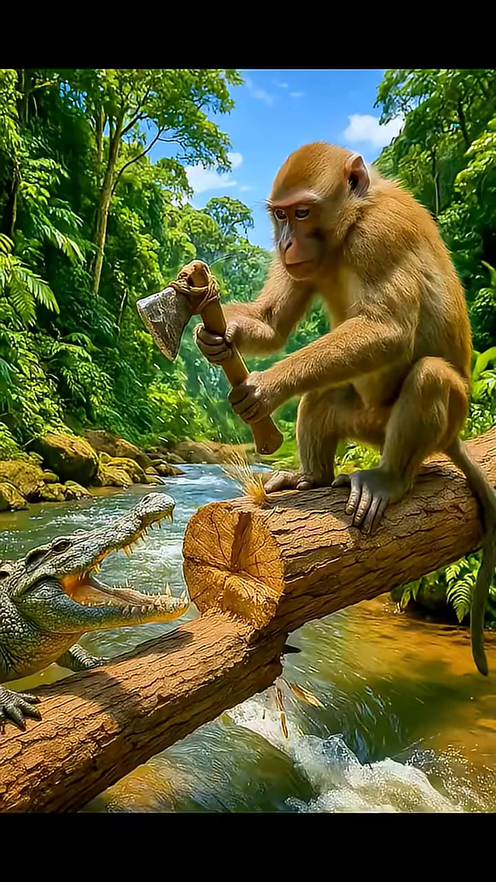 小猴挥斧劈木，鳄鱼张嘴等待！意外落水，结局反转惊呆！