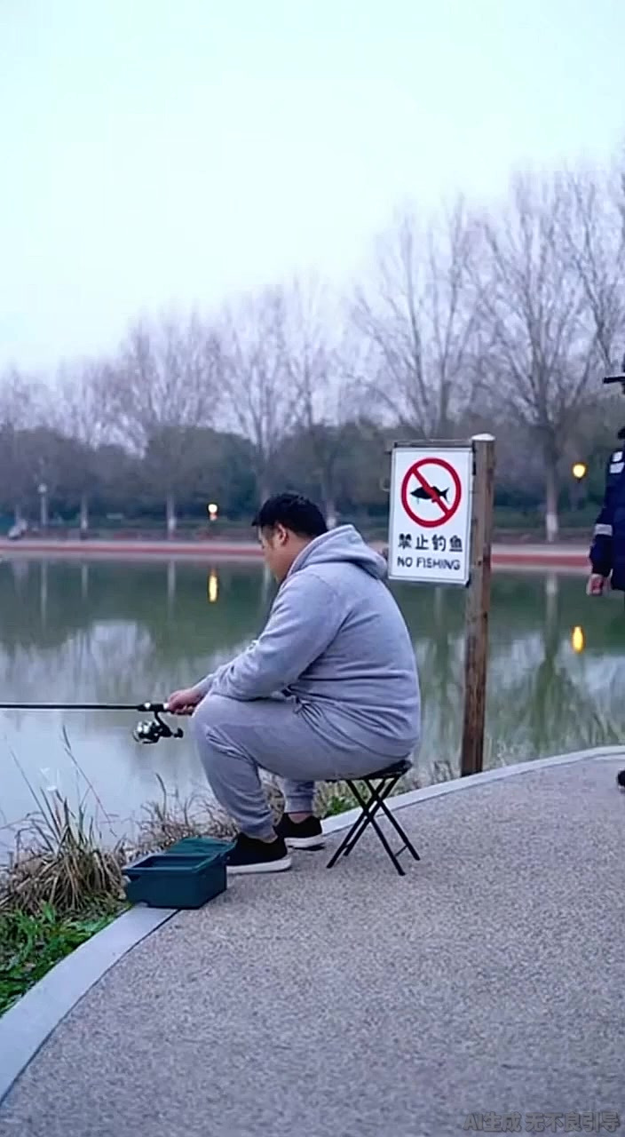 在公园小湖边一位男子不看指示牌,非要钓鱼