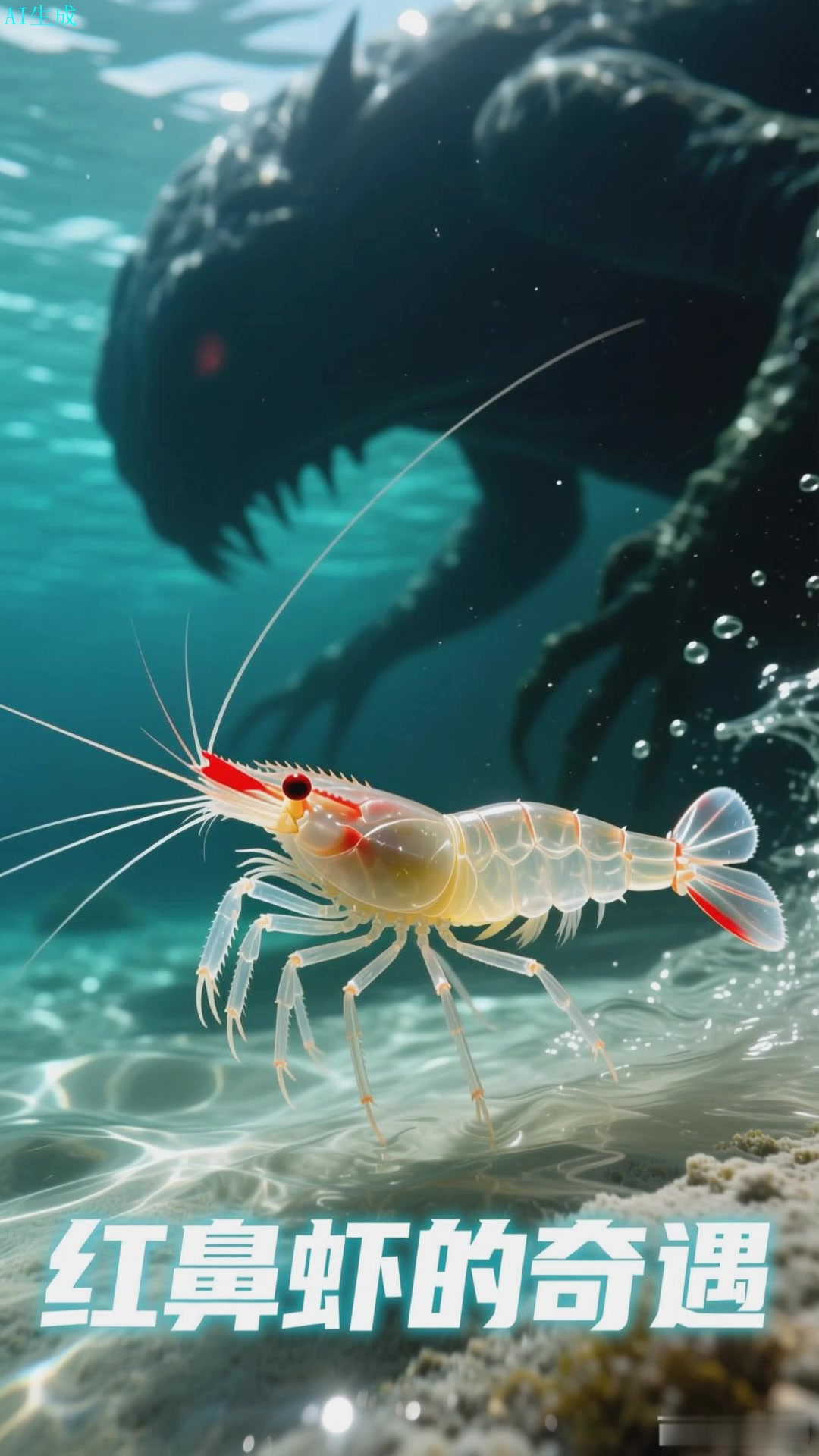 红鼻虾游浅海，虾鼻映着浅海的红影