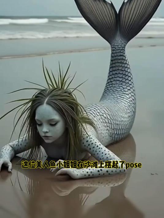 海边美人鱼,神秘现身,水波轻拂,梦幻一瞬