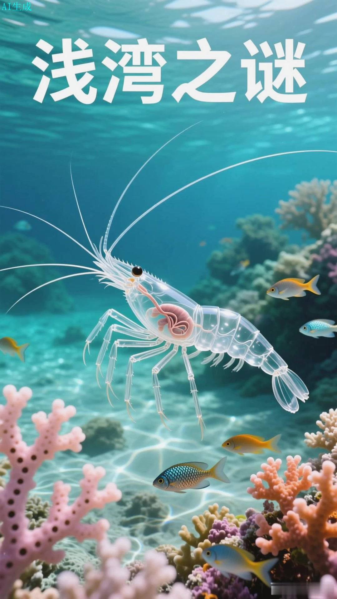 玻璃虾游浅湾，身体透见湾水的清蓝