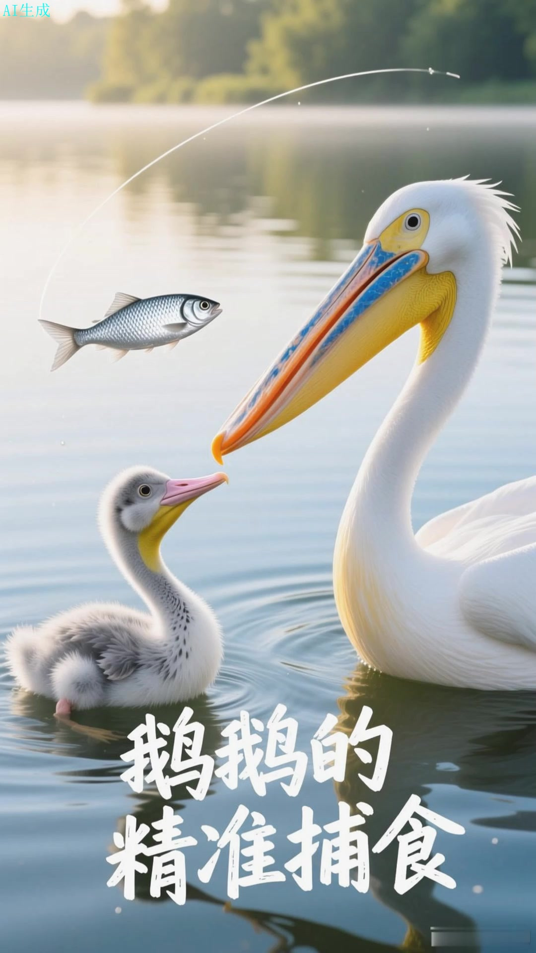鹈鹕张开渔网大嘴,接住妈妈抛来的银色小鱼早餐