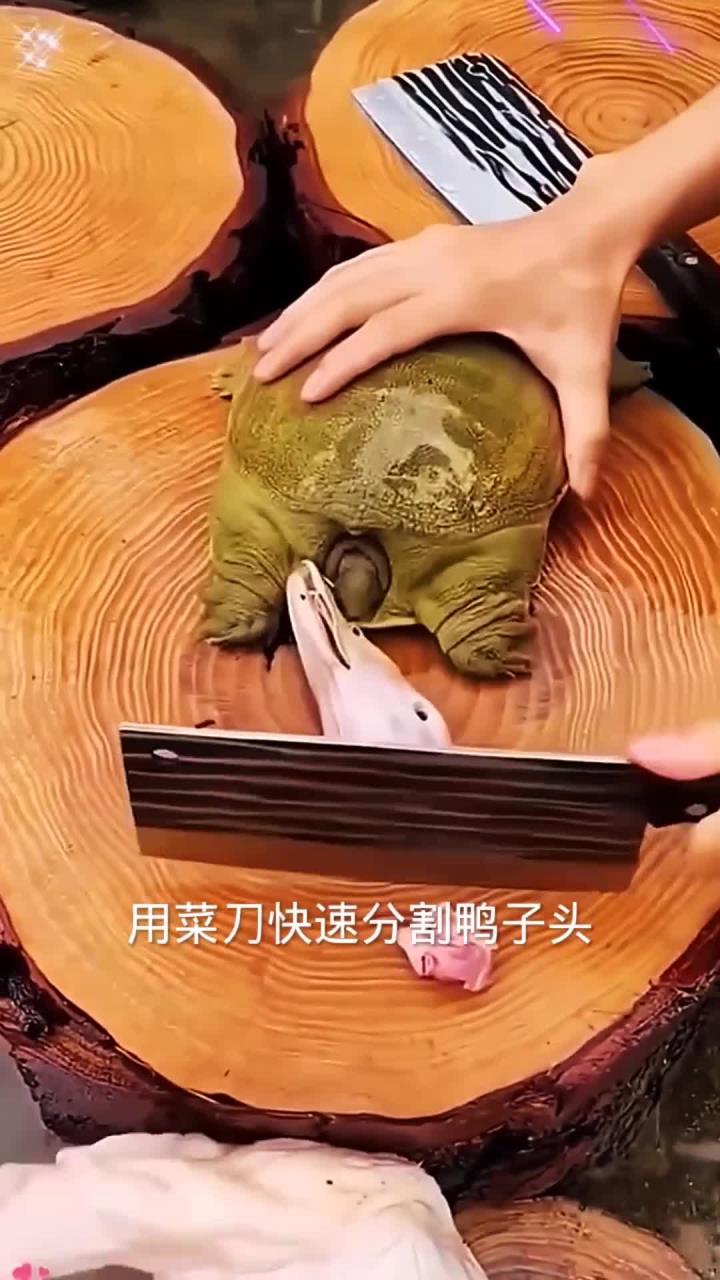 用菜刀快速分割鸭子头