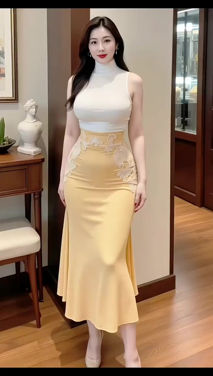 白色无袖上衣搭配黄色蕾丝鱼尾裙，展现温柔气质的穿搭示范