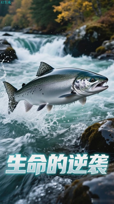 三文鱼在洄游的河流里奋力向上游