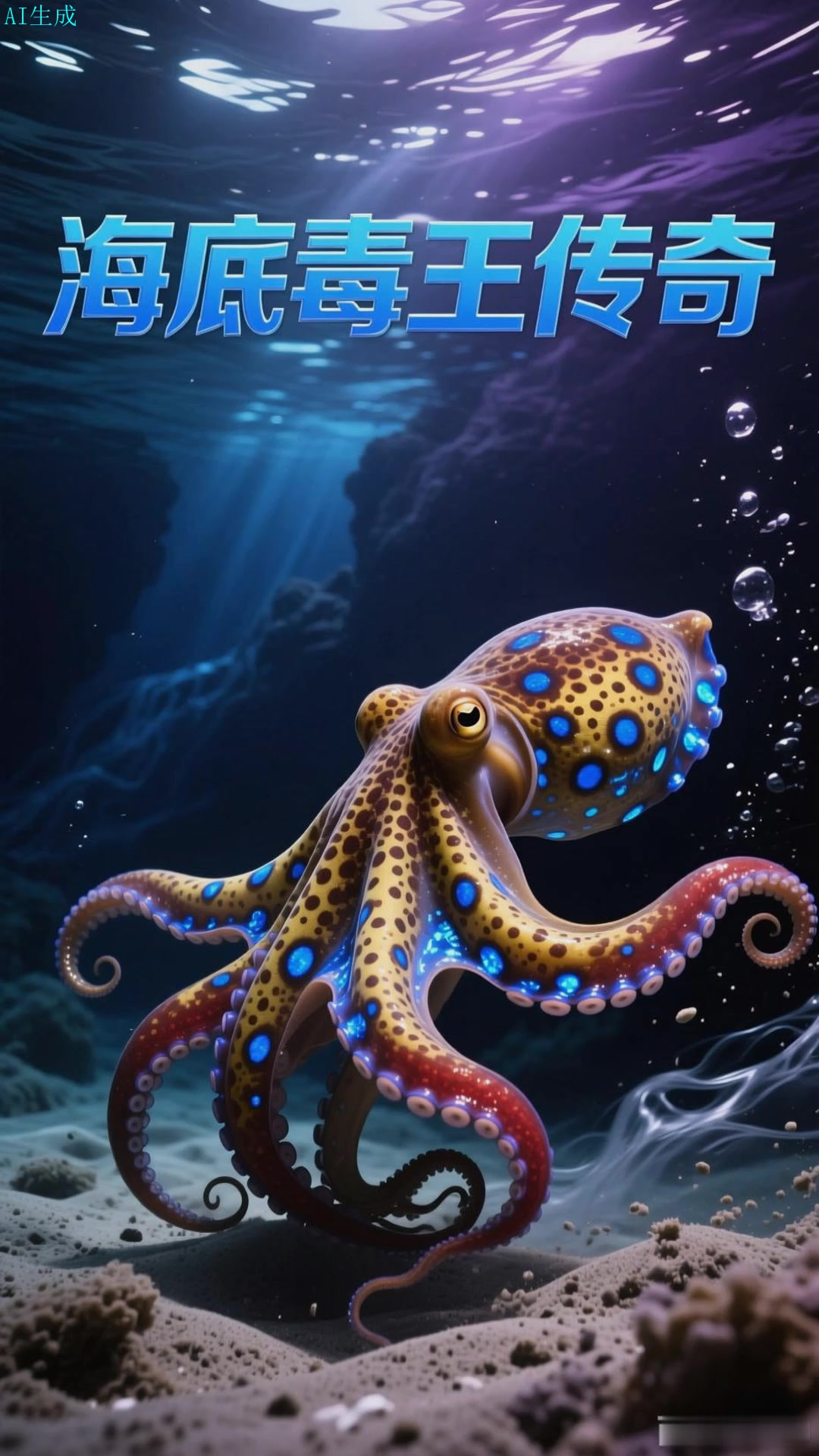 蓝纹章鱼在海底爬行，蓝纹随情绪变化，剧毒毒液防御天敌