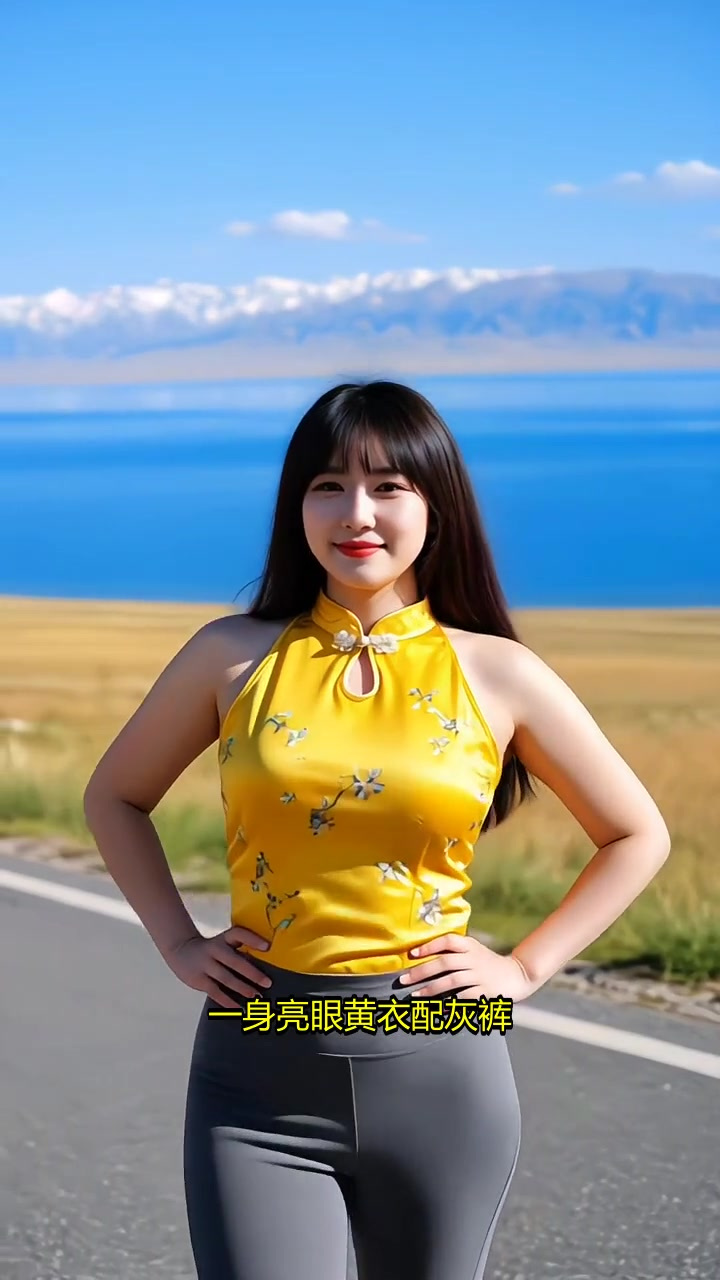 公路中央黄衣美女,雪山湖泊当背景,美翻了!