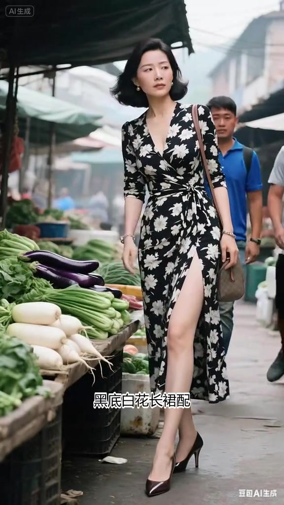 菜场挑茄子,她穿开叉长裙?路人惊呆:这气场绝了!