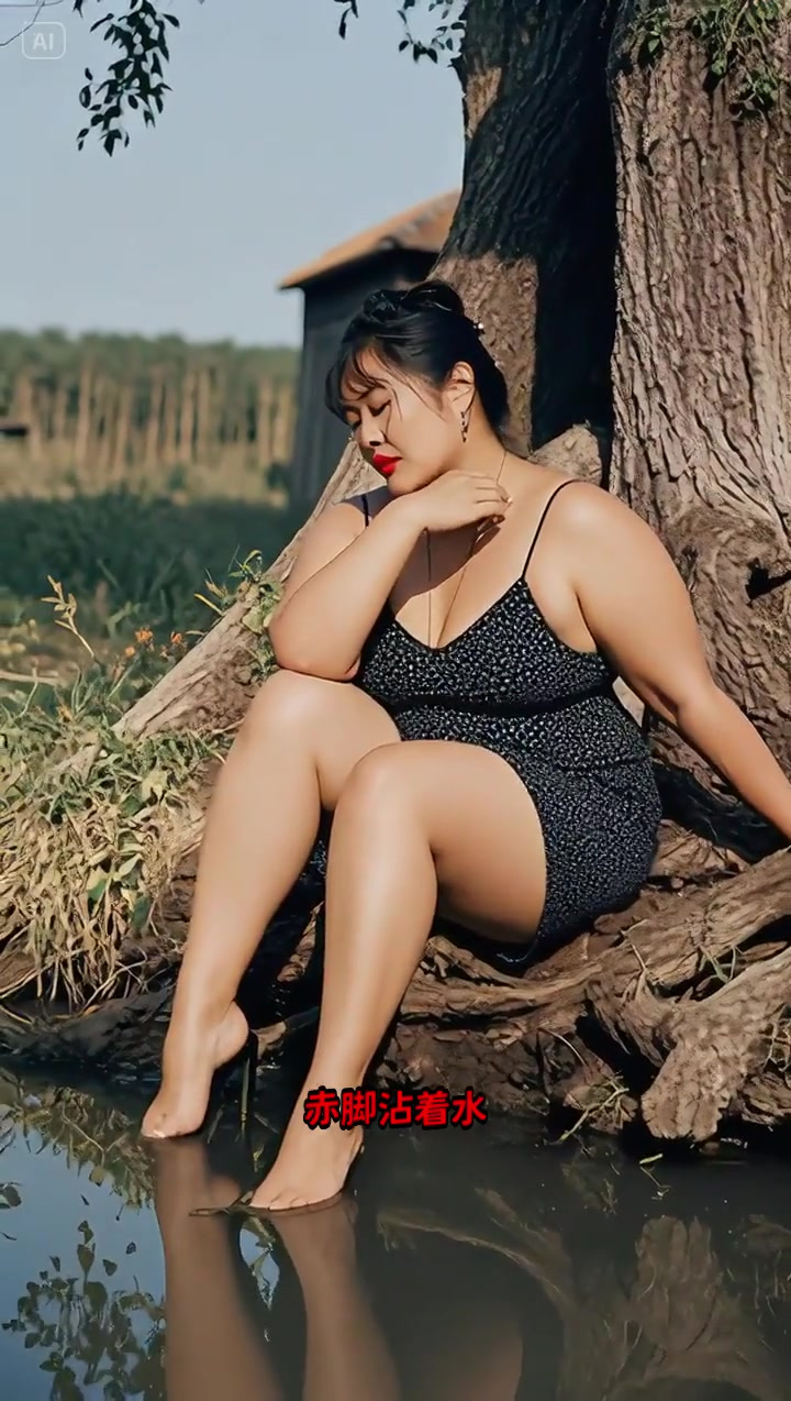 赤脚踩泥,红唇映树根,阳光下的她好自在!