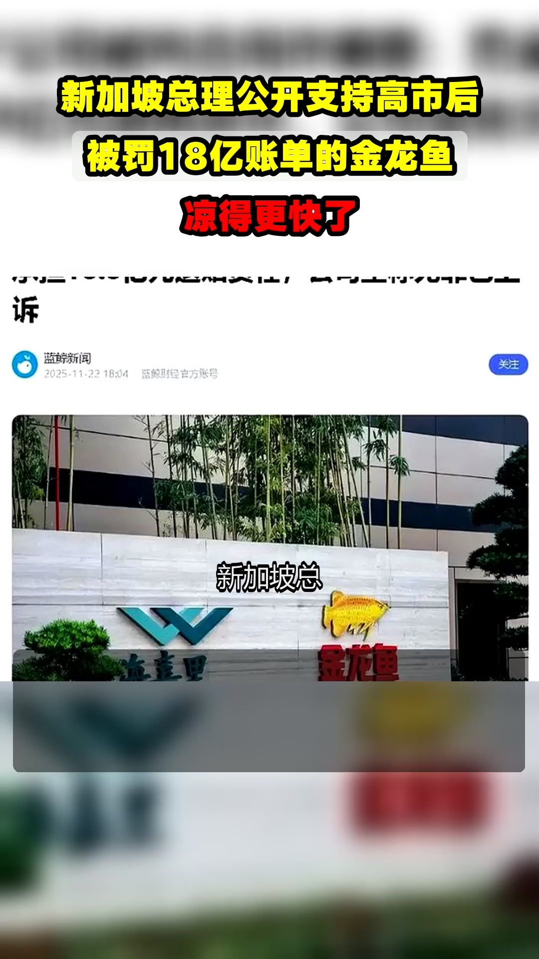 新加坡总理公开支持高市后，被罚18亿账单的金龙鱼，凉得更快了