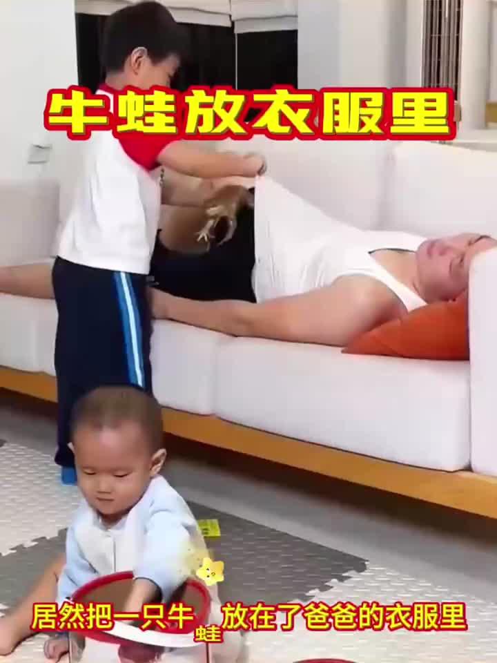 孩子顽皮把牛蛙放爸爸衣服,惊醒后让人心生阴影!