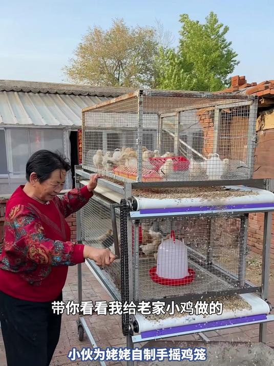 小伙为姥姥自制手摇鸡笼，操作简单省力，轻松解决鸡笼卫生难题