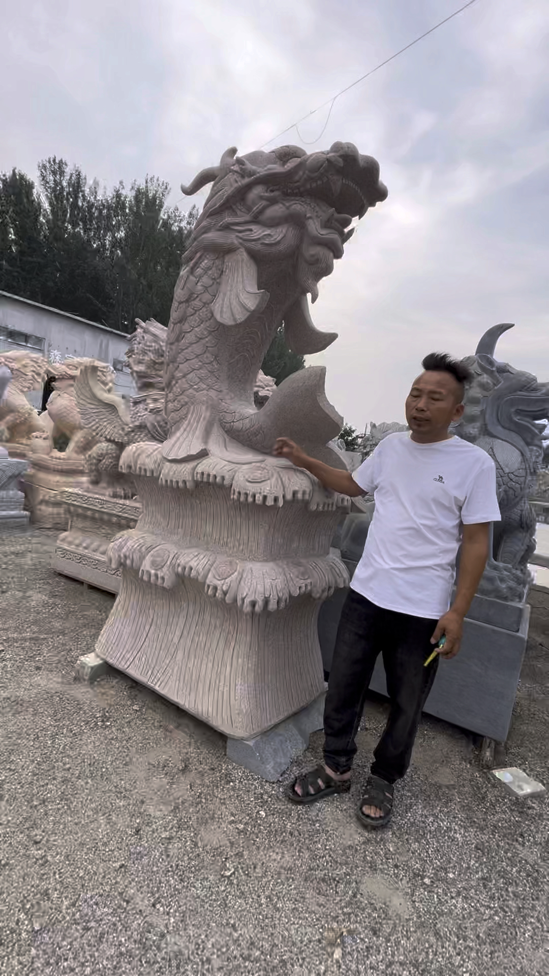 园林景观流水石雕龙鱼,龙鱼,大理石雕塑,虾红龙鱼园林摆放