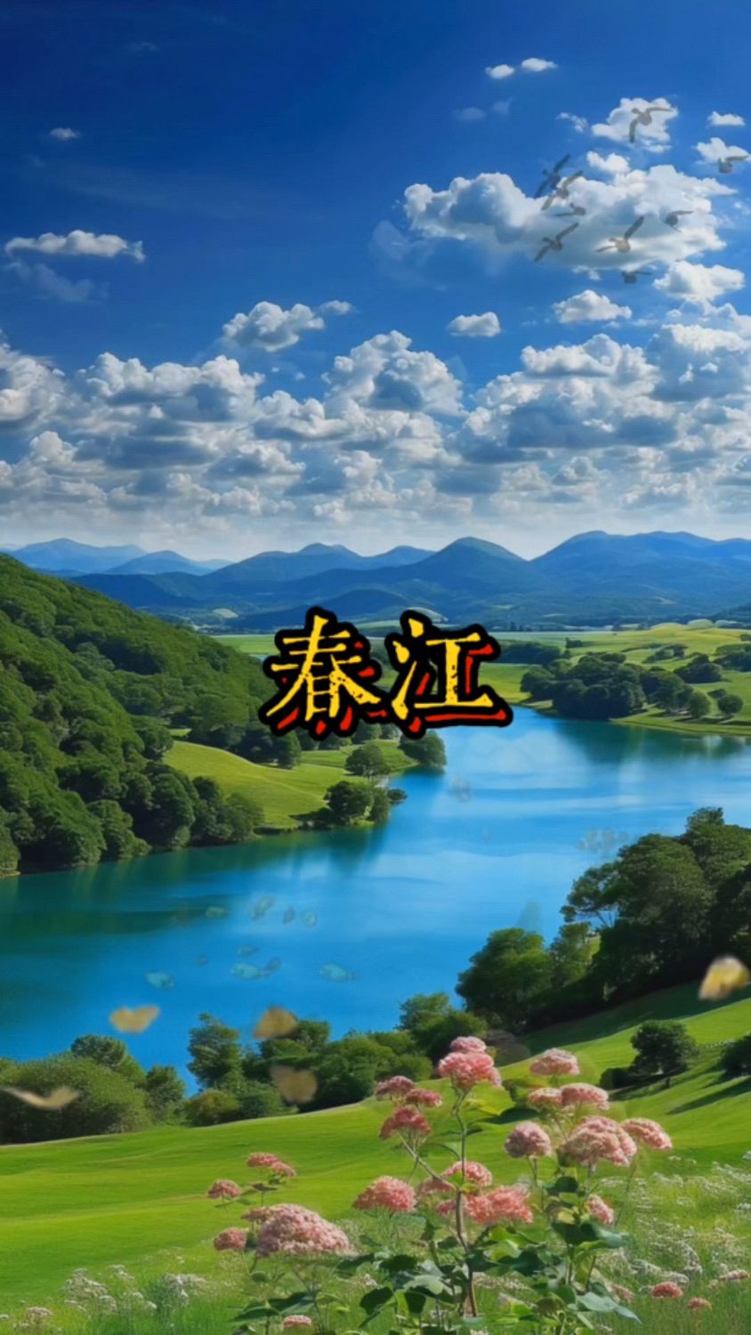 春江水鱼儿游,花丛蝴蝶飞。