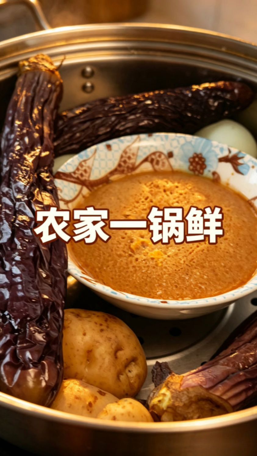 农家朴实家常饭，烀菜配酱和咸鸭蛋，剩面烙饼煎饺子，简单暖心