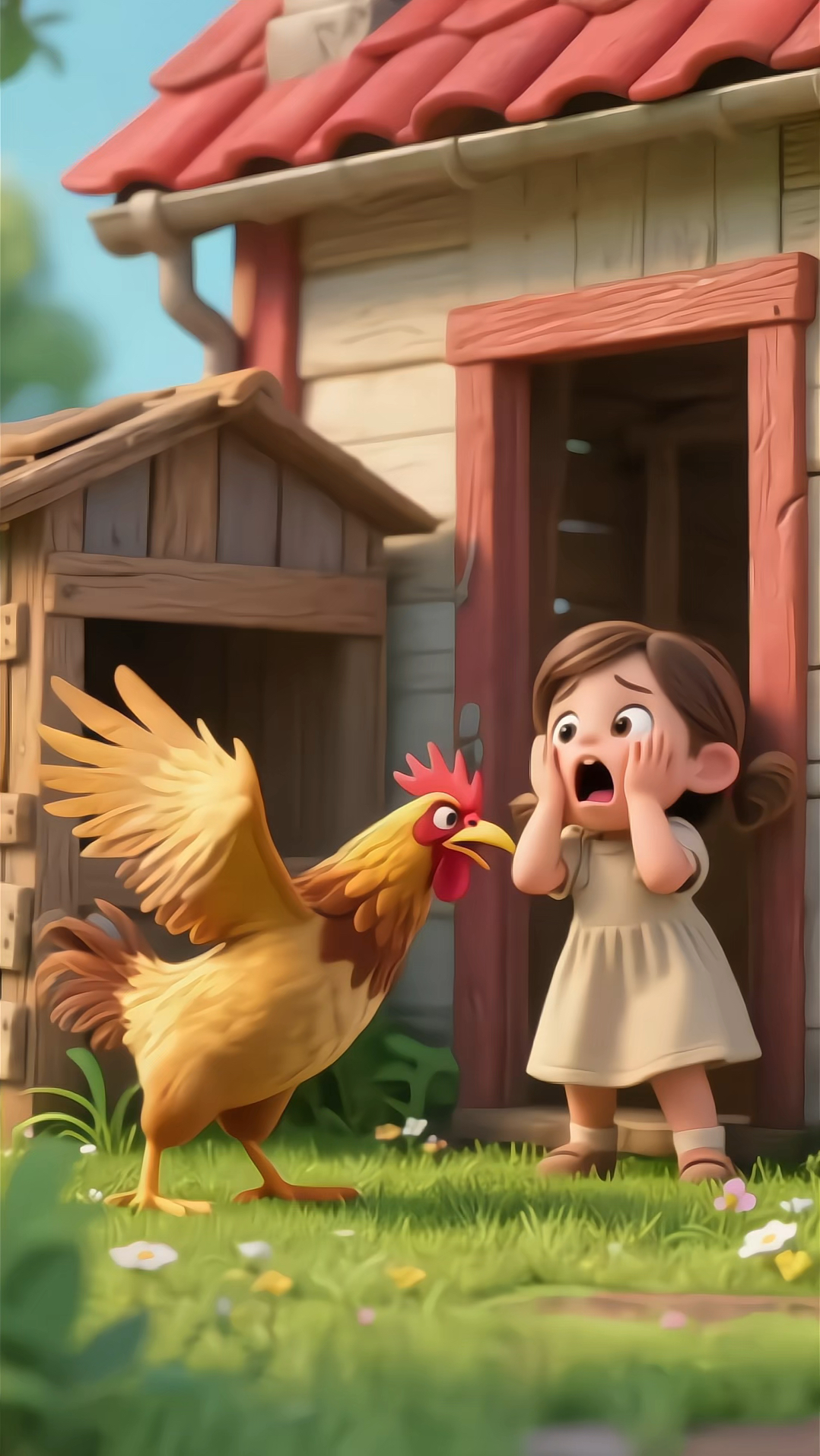 小女孩把母鸡的鸡蛋打碎了