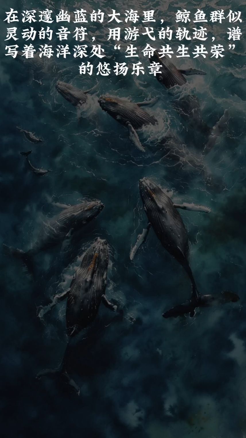 深邃的大海里鲸鱼群似灵动音符谱写着海洋生命共生共荣的悠扬乐章